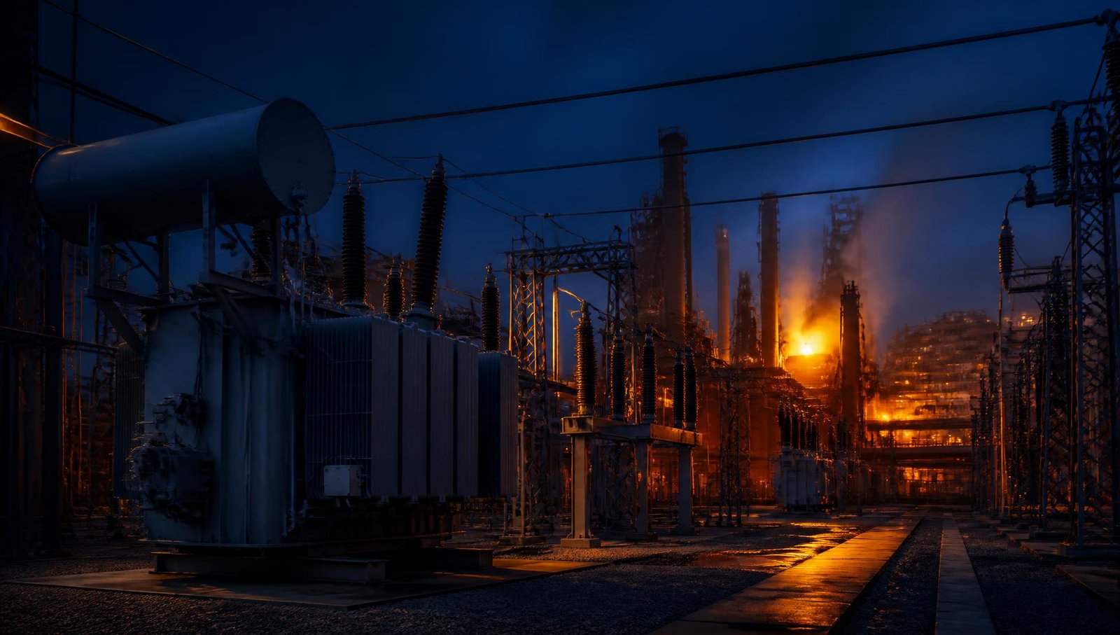 High voltage substation and transformers at an industrial plant at dusk