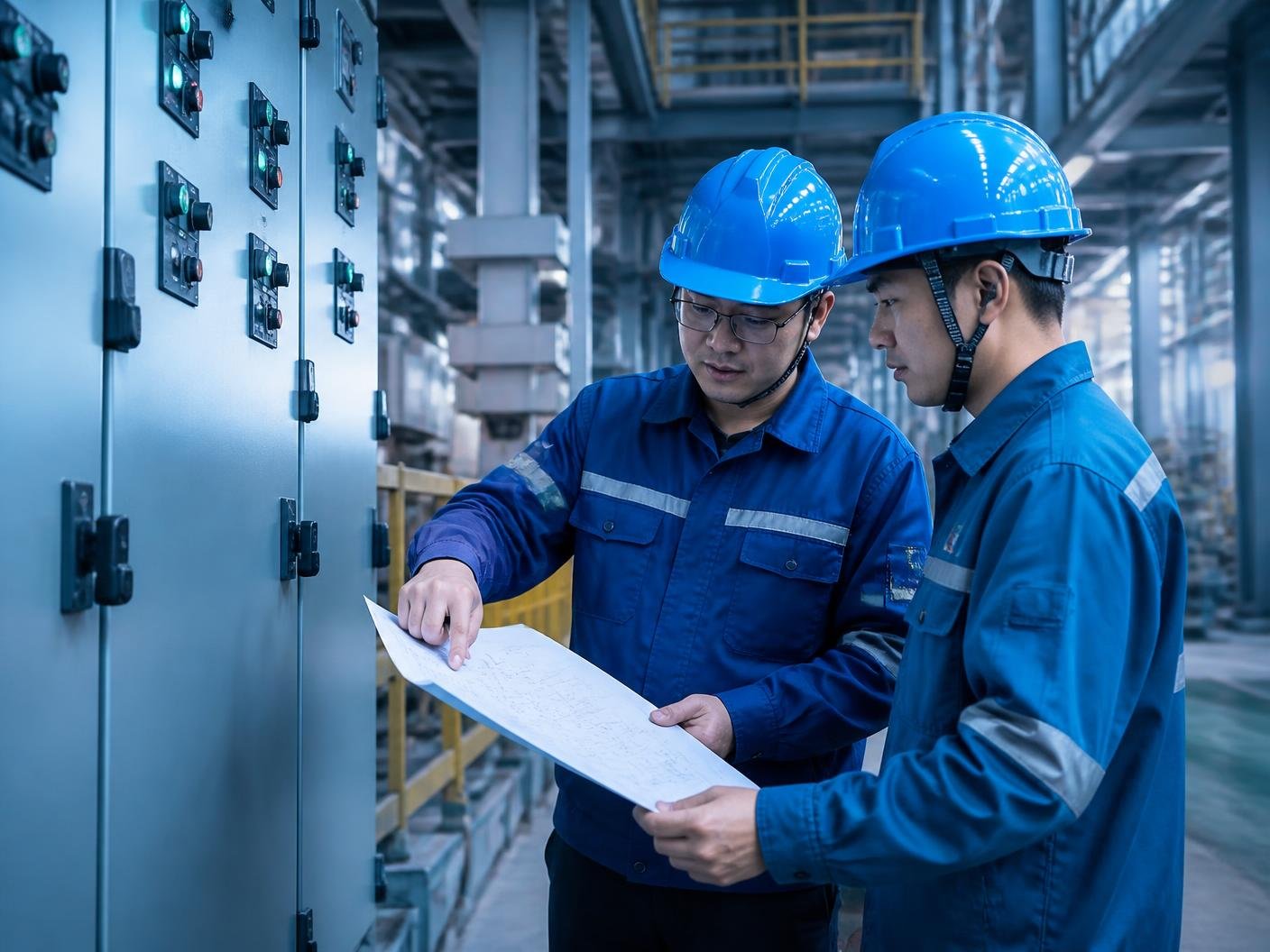 Electrical engineers reviewing industrial switchgear and control systems